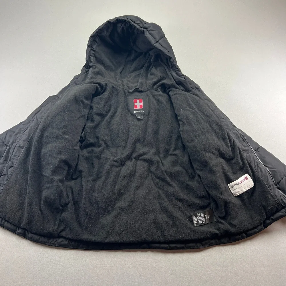 Swiss Tech Puffer Jacket Kids Small 6-7 Black Hooded Full Zip Thermal Insulated